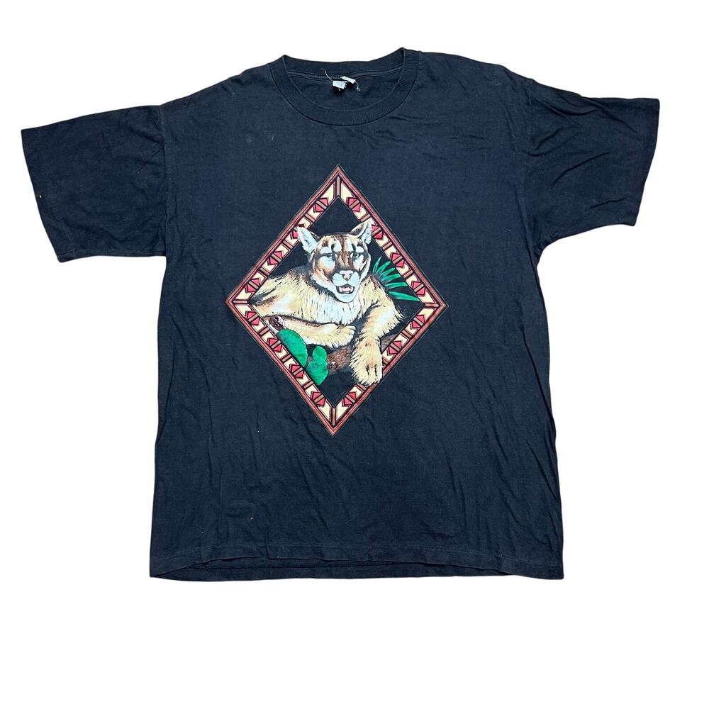 Vintage 90s Timber Mountain Lion Graphic T-Shirt Short Hills Tag Size XL Black